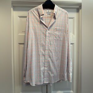 Performance material Souther Tide shirt. Size L. Pink, blue and white plaid.